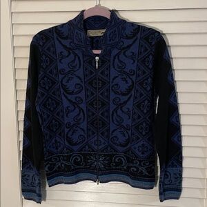 Peruvian Sapphire & Black Patterned Double Zipper Front Sweater